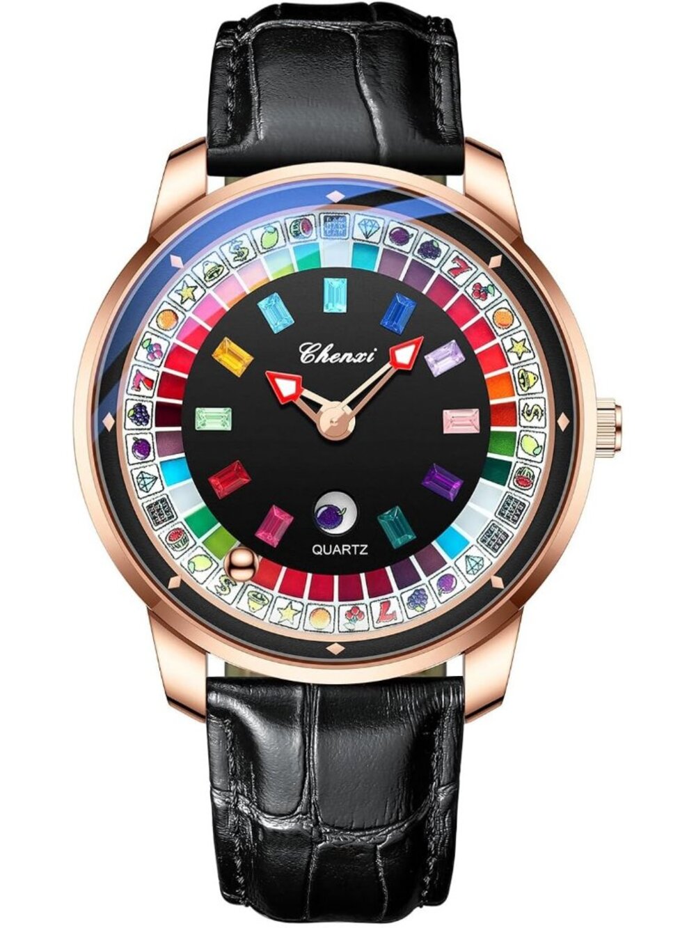 Men's Rose Gold Rotating Dial Black Genuine Leather Strap 44mm Large Face Watch
